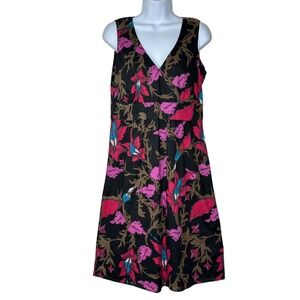 Esprit Floral Empire Waist Dress 8 Black Pink Tropical Cotton Sleeveless V-Neck